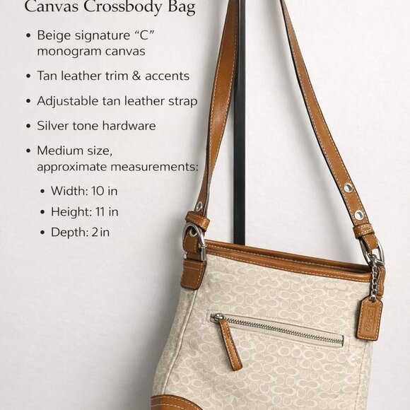 Coach Signature Canvas Crossbody Bag Tan Leather Trim Adjustable Strap - Picture 2 of 9